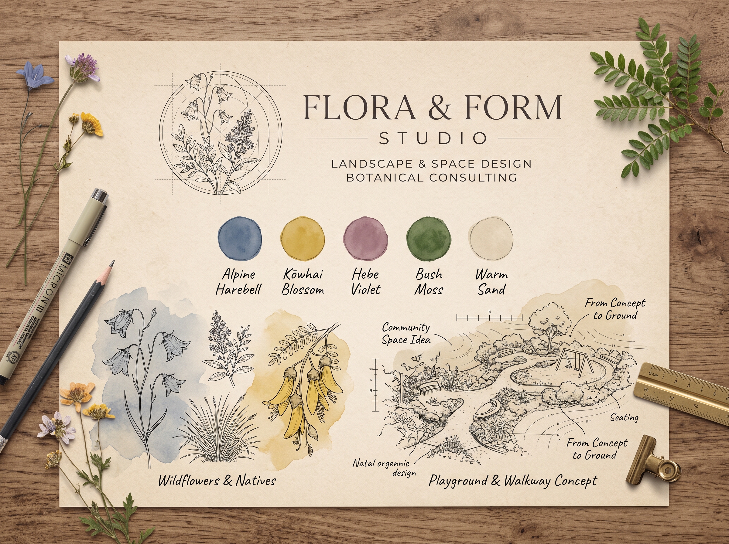 Flora & Form Studio botanical study: palette, native flora, and concept-to-ground drawing